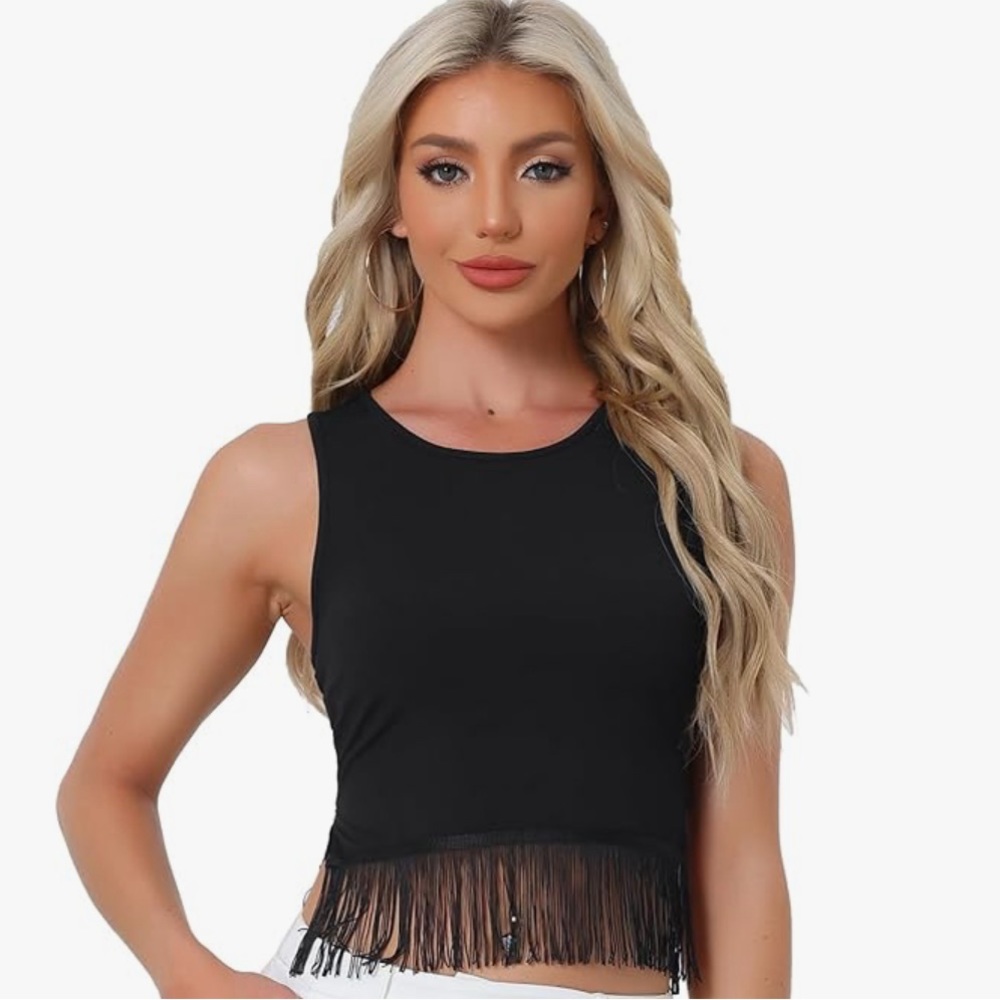 originality cropped sleeveless black fringe top